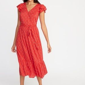Old Navy Defined Waist Wrap Tie Front Midi Dress